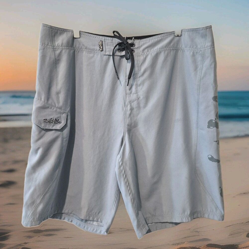 Salt Life Mens 38 Boardshorts SLX-QD Blue Gray Static Swim Fish Trunks Shorts